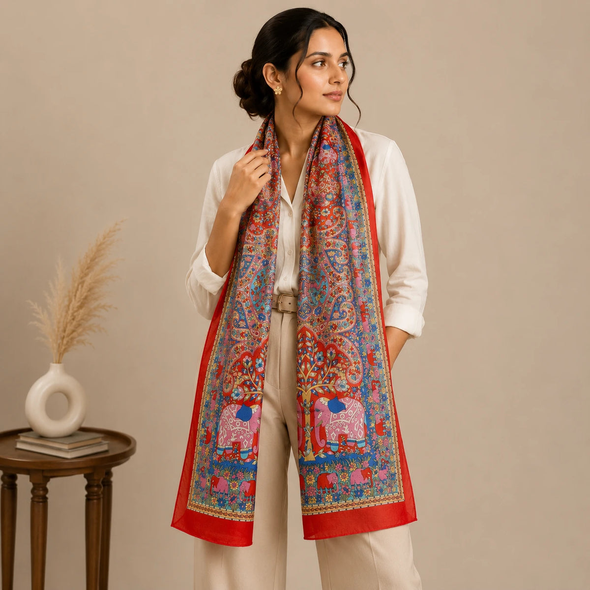 Rani Red Elephant Silk Scarf